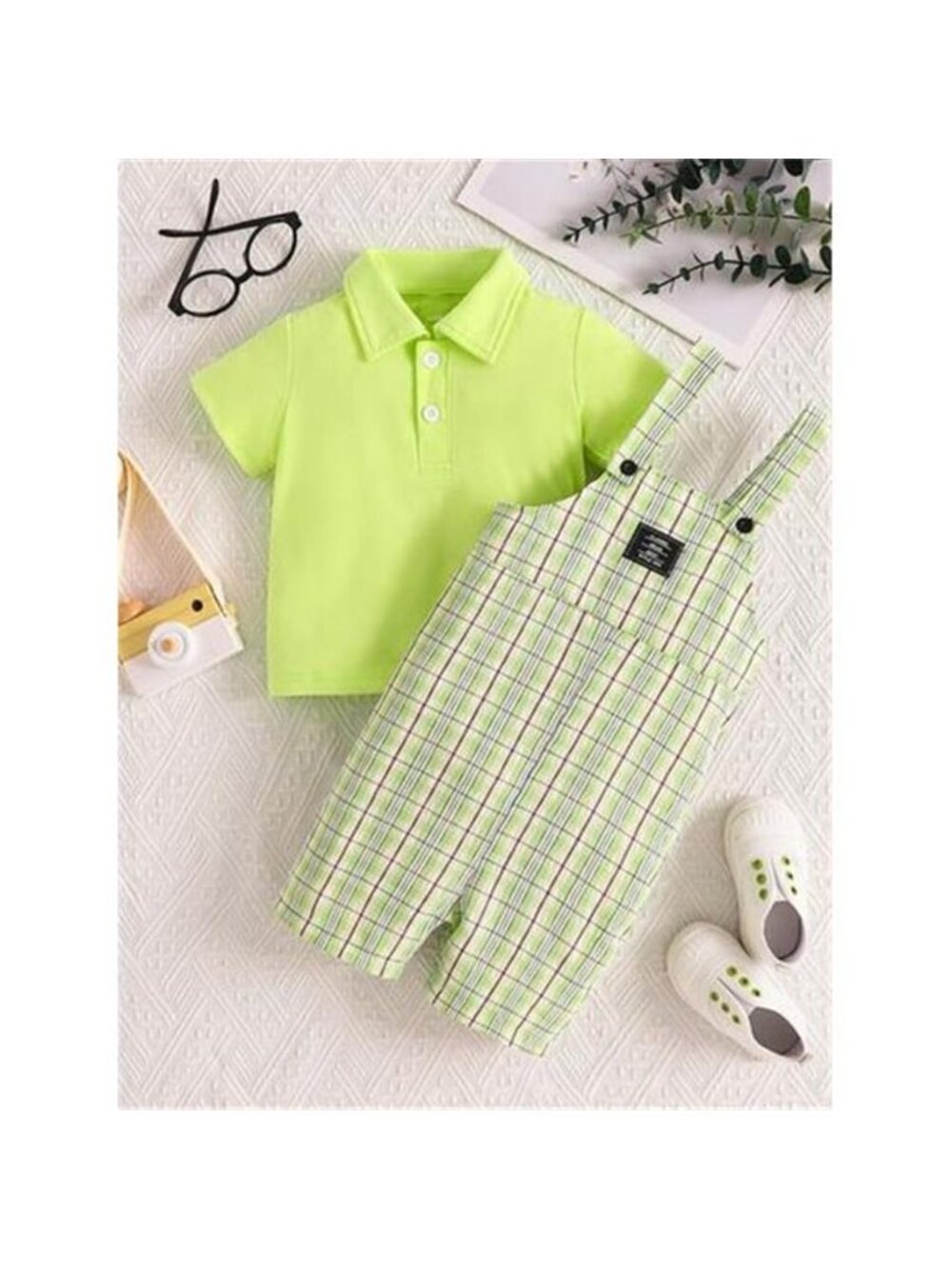 Children's Solid Color Polo & Plaid Overalls Set